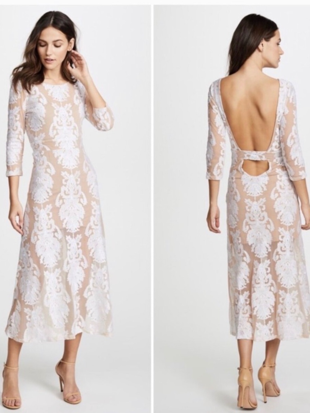 For Love & Lemons white lace sheer midi dress with nude underlay,